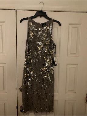 Adrianna Papell Taupe Beaded Sequin Floral Midi Dress
